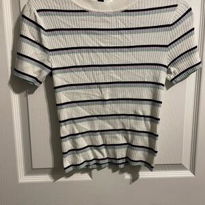 H&M White Ribbed Short Sleeve Top with Black, Lavender & Mint Stripes